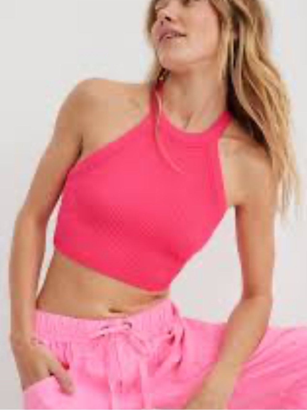 Aerie Neon Pink/Coral Ribbed Halter Crop Top